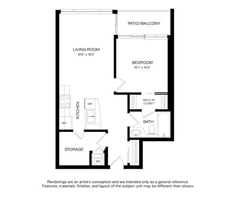 Floor plan for 1 bed, 1 bath, 590 sqft